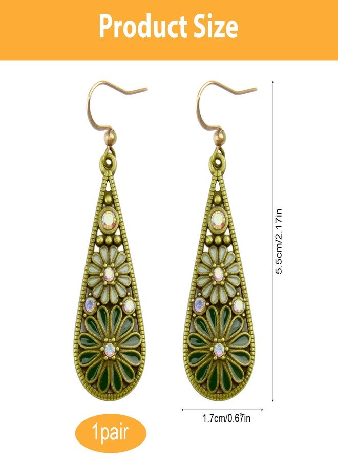CZMZHFC Bohemian Crystal Teardrop Pendant Earring,Vintage Olive Green Hollow Out Flower Floral Dangle Earrings,National Style Geometry Enamel Flower Hook Earrings,Handmade Ethnic Statement Jewelry for Women - Image 2